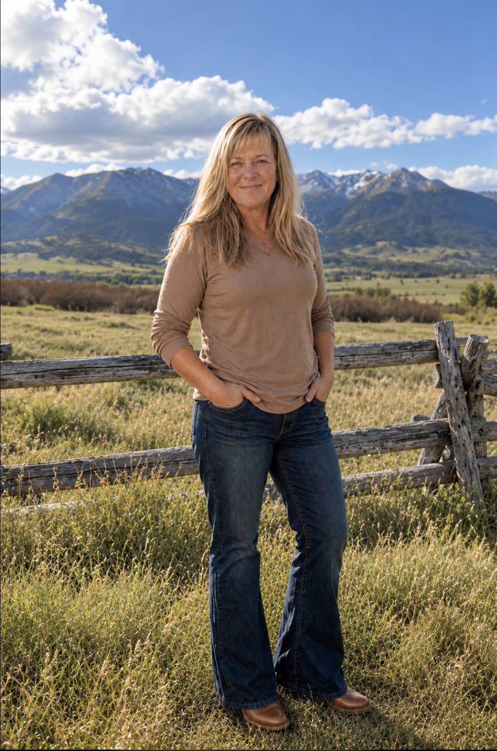 Kels smiling in a sunny meadow by a rail fence, with snow-capped mountains and blue sky behind her